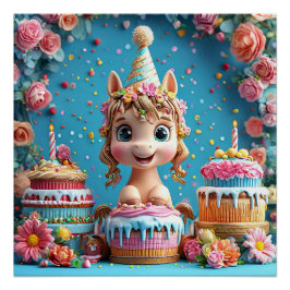 かわいいキャラクターのポニーの誕生日お祝い ポスター