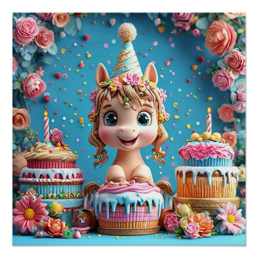 かわいいキャラクターのポニーの誕生日お祝い ポスター (正面)