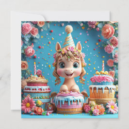 かわいいキャラクターのポニーの誕生日お祝い 招待状