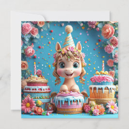 かわいいキャラクターのポニーの誕生日お祝い 招待状