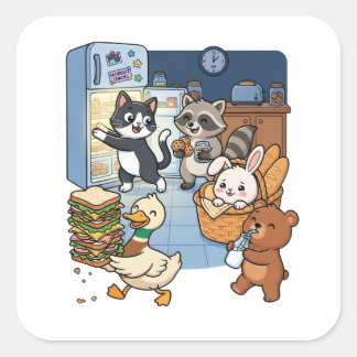 かわいいキャラクターの動物たちがキッチンの食べ物を盗む スクエアシール