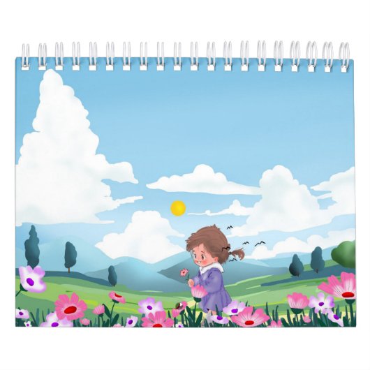 かわいいキャラクターの女の子と花のノートブック カレンダー (カバー)
