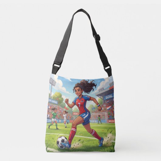 かわいいキャラクターの女の子 サッカーをプレー中 クロスボディバッグ (正面)