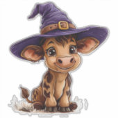 かわいいキャラクターの子牛の魔女の帽子 農場の動物のハロウィン シール (正面)