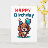 かわいいキャラクターの子犬の誕生日カード - モダンでキュート カード (黄色い花)
