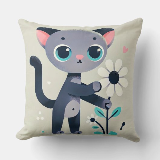 かわいいキャラクターの子猫が花を持っている クッション (正面)