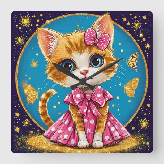 かわいいキャラクターの子猫 スクエア壁時計 (正面)