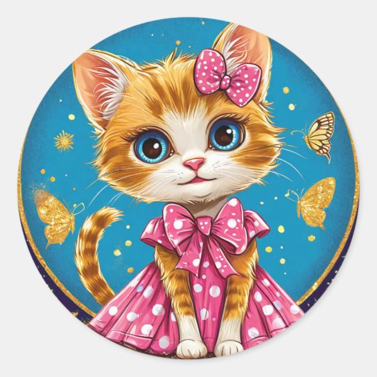 かわいいキャラクターの子猫 ラウンドシール (正面)
