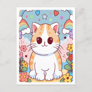 かわいいキャラクターの子猫、花、虹 ポストカード