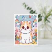 かわいいキャラクターの子猫、花、虹 ポストカード (スタンド正面)