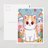 かわいいキャラクターの子猫、花、虹 ポストカード (正面/裏面)