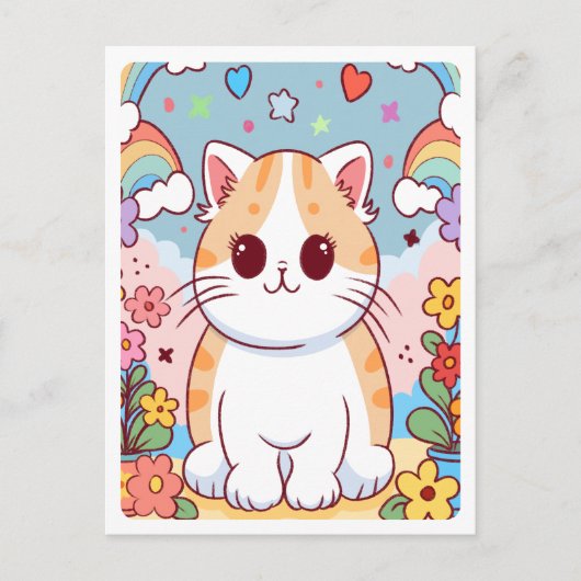 かわいいキャラクターの子猫、花、虹 ポストカード (正面)