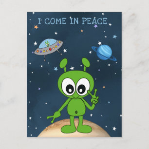 かわいいキャラクターの宇宙エイリアン 平和のサイン ポストカード