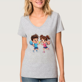 かわいいキャラクターの少年と少女がパデルテニスをプレー – F Tシャツ
