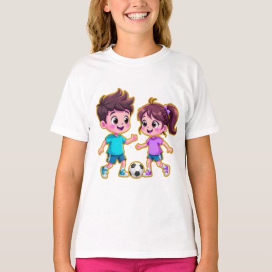 かわいいキャラクターの少年と少女が一緒にサッカーをしている Tシャツ (正面)