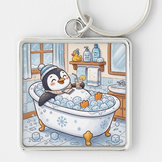 かわいいキャラクターの幸せなペンギンのお風呂 キーホルダー (正面)