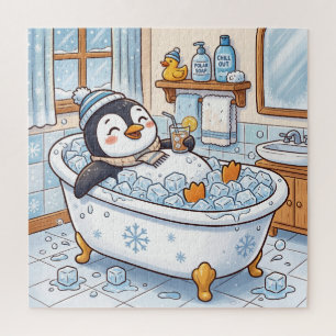 かわいいキャラクターの幸せなペンギンのお風呂 ジグソーパズル
