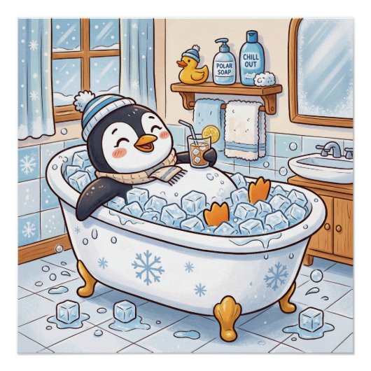 かわいいキャラクターの幸せなペンギンのお風呂 ポスター (正面)