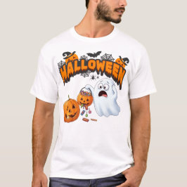 かわいいキャラクターの幽霊とこぼれたお菓子のカボチャ Tシャツ