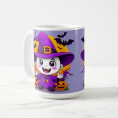 かわいいキャラクターの幽霊のウィッチハットハロウィンギフト コーヒーマグカップ (正面左)
