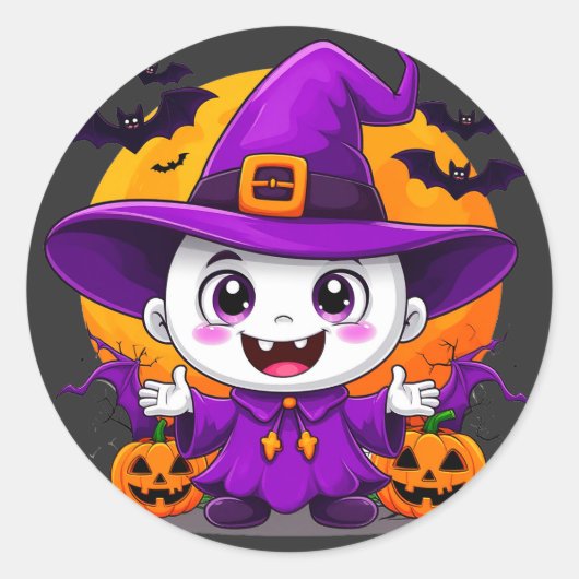 かわいいキャラクターの幽霊の魔女の帽子のハロウィン ラウンドシール (正面)