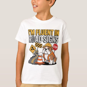 かわいいキャラクターの建設ブルドッグの道路標識 Tシャツ