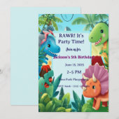 かわいいキャラクターの恐竜 "RAWR! It's Party Time!" 少年 招待状 (正面/裏面)