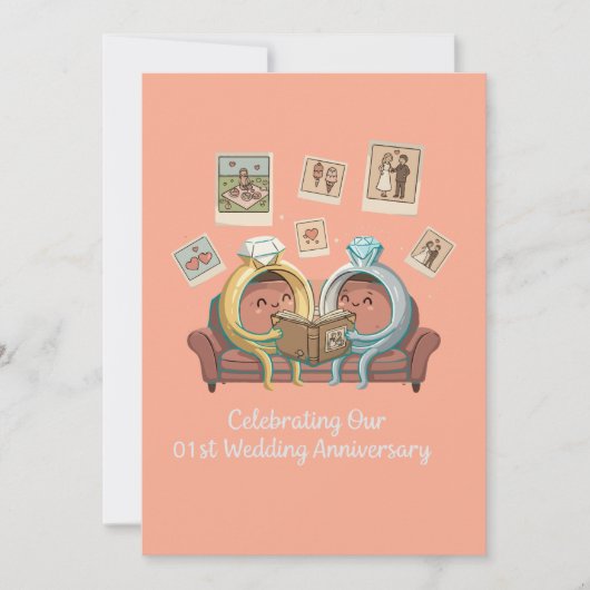 かわいいキャラクターの指輪 1周年の結婚記念日のカップル 招待状 (正面)