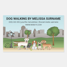 かわいいキャラクターの犬が公園に - 犬の散歩代行サービス 長方形シール