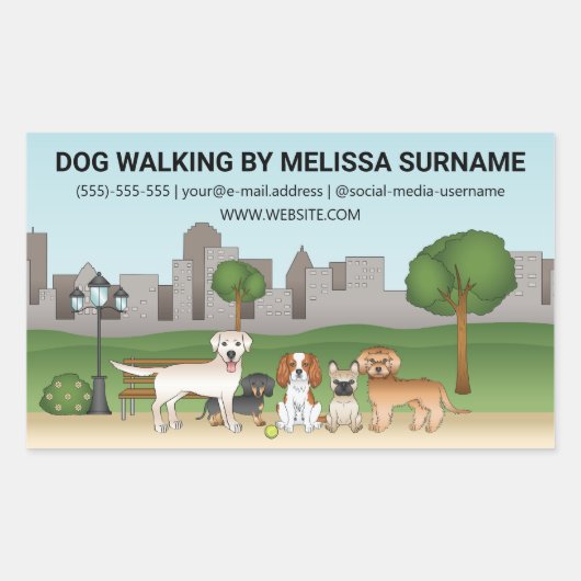 かわいいキャラクターの犬が公園に - 犬の散歩代行サービス 長方形シール (正面)