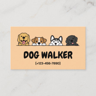 かわいいキャラクターの犬たちが顔をのぞかせる ドッグウォーカー & ペットシッター 名刺