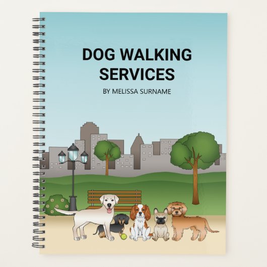 かわいいキャラクターの犬たちと公園 - ドッグウォーキングサービス プランナー手帳 (正面)
