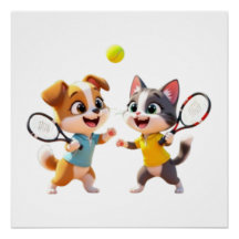 かわいいキャラクターの犬と猫がパデルテニスをする - Fu