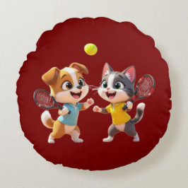 かわいいキャラクターの犬と猫がパデルテニスをする - Fu ラウンドクッション