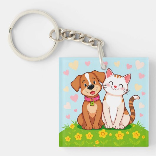 かわいいキャラクターの犬と猫が一緒に座っています キーホルダー (正面)