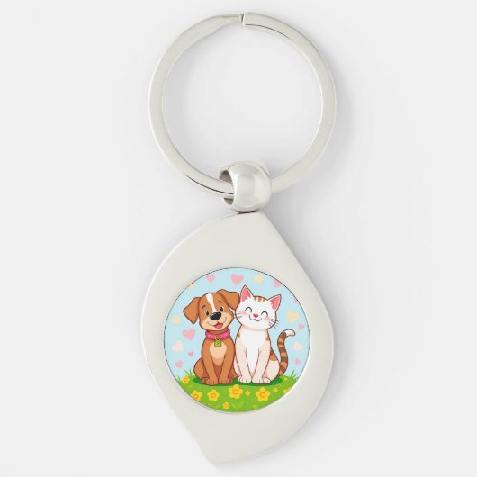 かわいいキャラクターの犬と猫が一緒に座っています キーホルダー (正面)