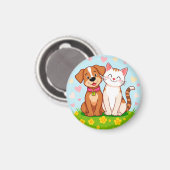 かわいいキャラクターの犬と猫が一緒に座っています マグネット (正面/裏面)