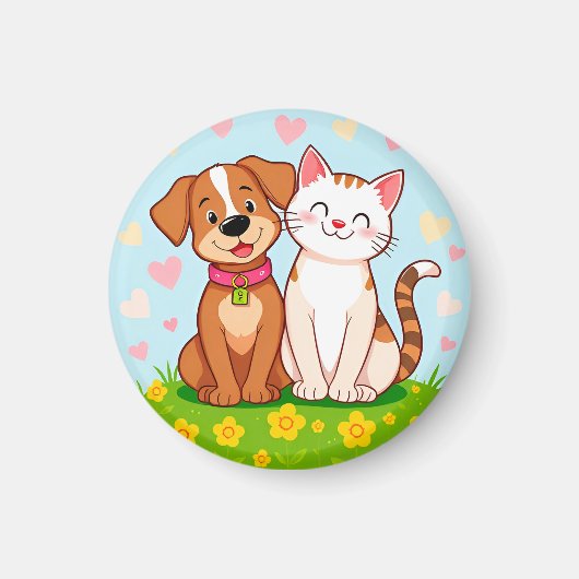 かわいいキャラクターの犬と猫が一緒に座っています マグネット (正面)