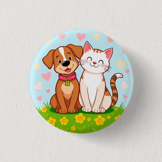 かわいいキャラクターの犬と猫が一緒に座っています 缶バッジ (正面)
