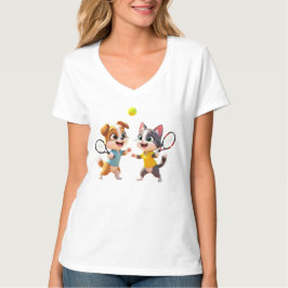かわいいキャラクターの犬と猫のパデルテニス – Fu Tシャツ