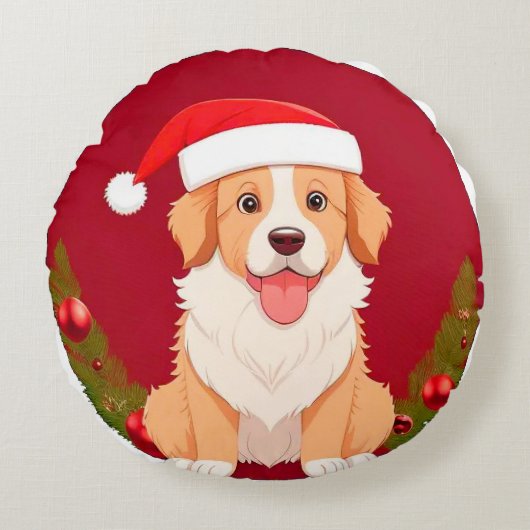 かわいいキャラクターの犬のサンタコス ラウンドクッション (正面)