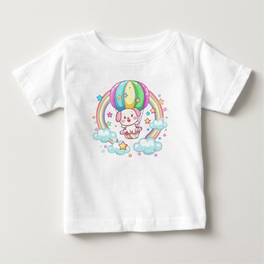 かわいいキャラクターの犬の熱気球ベビーTシャツ ベビーTシャツ (正面)