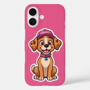 かわいいキャラクターの犬 - キャップをかぶった幸せな子犬ステッカー iPhone 16ケース