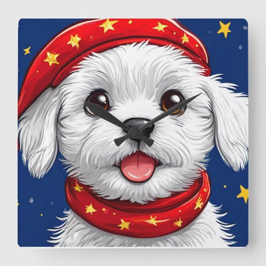 かわいいキャラクターの犬 スクエア壁時計 (正面)