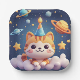 かわいいキャラクターの猫がパーティーハットをかぶって雲の上にいる ペーパープレート