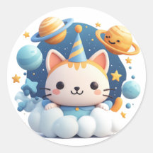 かわいいキャラクターの猫がパーティーハットをかぶって雲の上にいる