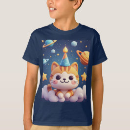 かわいいキャラクターの猫がパーティーハットをかぶって雲の上にいる Tシャツ