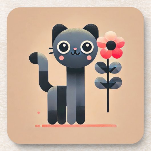 かわいいキャラクターの猫が花を持っている コースター (正面)