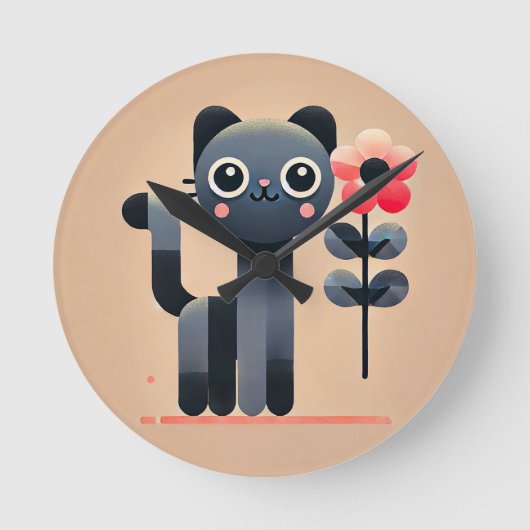 かわいいキャラクターの猫が花を持っている ラウンド壁時計 (正面)