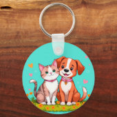 かわいいキャラクターの猫と犬が一緒に座っている キーホルダー (正面)